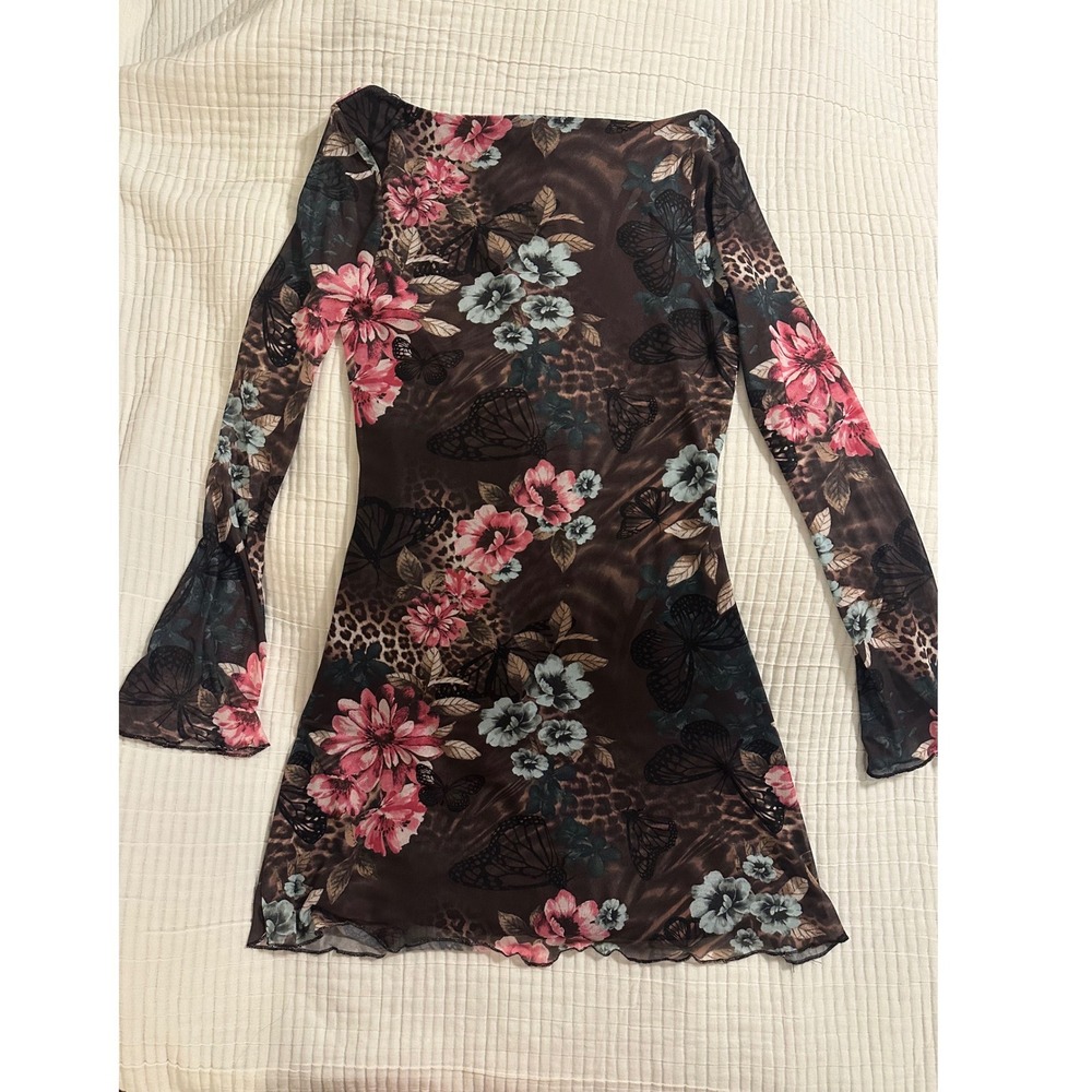 Forever 21 Mesh Butterfly Floral Leopard Mini Dress Bell Sleeve Brown Y2K Medium
